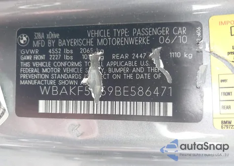 2011 BMW 328I xDrive z USA, uszkodzony, nr VIN WBAKF5C59BE586471